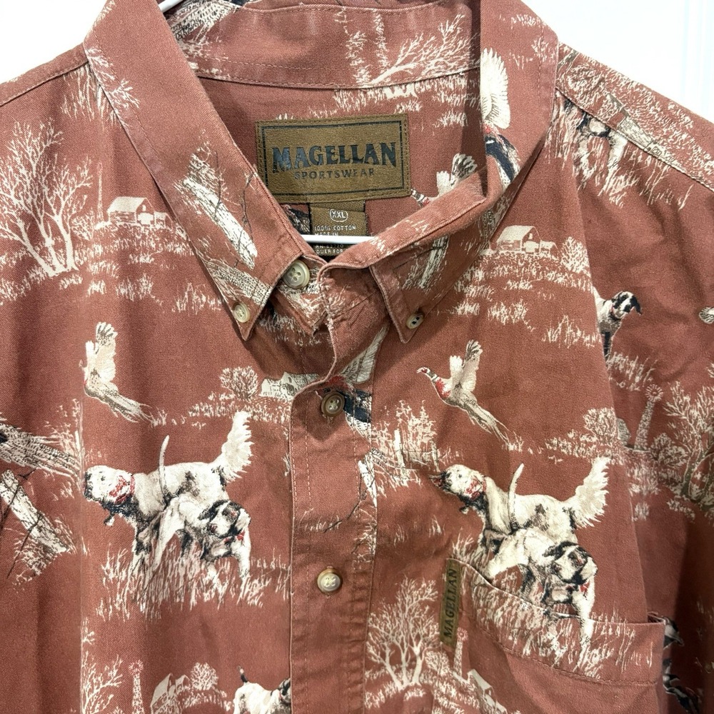 MAGELLAN Sportswear Shirt Mens XXL Brown Duck Dog Hunting Print Cotton Outdoor